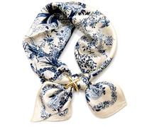 GHKJOK Versatile Summer Sun Protection Scarf with Stylish Neck Guard - Elegant Blue & Cream Floral Bird Print Lightweight Breathable Pure Silk for Women Travel Party Occasion Shawl Headscarf Hairband
