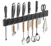 GHKLNY Knife Holder for Wall Mount-Knife Strips with Hooks Stainless Steel Wall Knife Rack-Knife Block-Knife Rack-Utensil Hanger-Kitchen Utensil Holder (Black, 50 CM+9 Hooks)