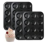 Ghligna 4PCS Muffin Trays, 12 Cup Non Stick Carbon Steel Baking Trays | Muffin Tin for Baking, Cupcake Tray, Yorkshire Pudding Tray, Deep Muffin Tray for Oven, Easy Release, 35x26.5x3cm, Black