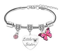 Ghloyza Little Sister Charm Bracelet - Lil Sis Birthday & Christmas Gifts - Butterflies, Hearts, Rhinestones