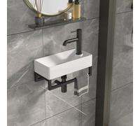 GhomeG Wall Mount Corner Vessel Sink with Towel Rack, 17.52x8.66 Inch Modern Ceramic Bathroom Floating Sink, White Rectangle Bathroom Sink with Overflow, Wall Hung Wash Hand Basin