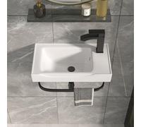 GhomeG Wall Mount Corner Vessel Sink with Towel Rack 20x11 Inch | Ceramic Bathroom Floating Sink, White Rectangle Bathroom Sink with Overflow, Wall Hung Wash Hand Basin