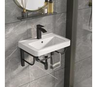 GhomeG Wall Mount Rectangular Vessel Sink with Towel Rack, 19.69x11.42 Inch Modern Ceramic Bathroom Floating Sink, White Rectangle Bathroom Sink with Overflow, Wall Hung Wash Hand Basin