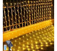 GHONLZIN LED Solar Net Light, 1.5Mx1.5M Mesh Fairy String Lights, 96 LEDs 8 Modes Weatherproof Outdoor Net Lights Wrap Christmas Tree with Remote for Garden Balcony Fence Backyard Decor (1.5-1.5M-WW)