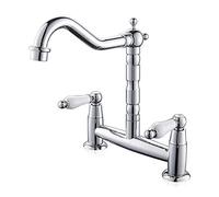 Ghopy 2 Hole Kitchen Sink Mixer Tap Traditional Deck Mounted Chrome Swivel Spout Brass Bridge Tap