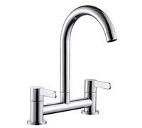 Ghopy Chrome Bridge Kitchen Tap, Dual Lever 2 Hole Kitchen Sink Mixer Taps, Modern 360° Swivel Spout Brass Faucet, Includes 180mm Twin Lever Fittings & Hoses (Chrome)