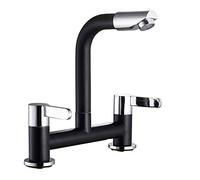 Ghopy Dual Lever Kitchen taps Mixers 2 Hole Deck Mounted Cold and Hot Mixer Tap Modern 360° Swivel Spout Brass Basin Black Faucet with UK Standard Fittings (Black)