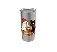 Ghost and Black Cat Iced Coffee Cozy Fall Vibes Halloween Stainless Steel Insulated Tumbler