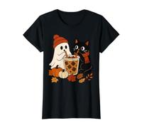 Ghost and Black Cat Iced Coffee Cozy Fall Vibes Halloween Value Graphic T-Shirt, Women, Black, XL