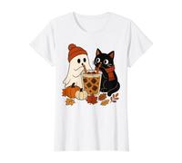 Ghost and Black Cat Iced Coffee Cozy Fall Vibes Halloween Value Graphic T-Shirt, Women, White, S