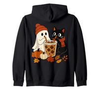 Ghost and Black Cat Iced Coffee Cozy Fall Vibes Halloween Zip Hoodie