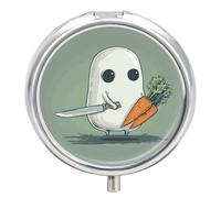 Ghost and Carrot Pill Box 3 Compartment Travel Pill Organizer 3 Times A Day Cute Mini Pill Case for Purse & Pocket Portable Metal Medicine Box with Mirror Round Daily Medicine Vitamin Container