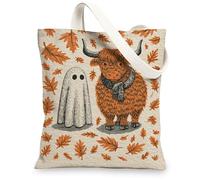 Ghost and Highland Cow Canvas Tote Bags, Autumn Leaf Pattern Reusable Bags, Fun Lightweight Washable Shoulder Strap Canvas, Orange, 13x15 Inch