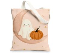 Ghost and Pumpkin Canvas Tote Bags, Cute Halloween Pattern Reusable Grocery Bags, Lightweight Washable Shoulder Strap Canvas, Peach, 13x15 Inch