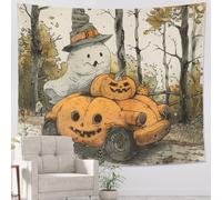 Ghost and Pumpkin Orange Tapestry, Halloween Decorative Wall Hanging, Fanciful Tapestries Aesthetic for Living Room, Bedroom, Dorm, Seasonal Home Decor 60x80 Inch