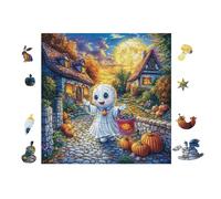 Ghost And Witch in Pumpkin Cottage 100 Pc DIY Jigsaw Puzzle Puzzles for Adults Teens Hard Challenging Team Building Stress Reducing Autumn Sturdy Wooden Cardboard 28x28cm
