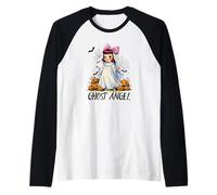 Ghost Angel Halloween Bow Veil Pumpkins Bats and Spider Fun Raglan Baseball Tee
