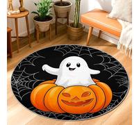 Ghost Area Rug, Halloween Fanciful Pumpkin Spider Web Halloween Orange Low Pile Round Doormat Throw Rug Edge Binding Bathroom Entryway Bedside Doorway Decor 3' X 3'