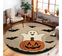 Ghost Area Rug, Halloween Playful Pumpkin Bats Halloween Orange Non-Slip Backing Indoor Round Carpet Non Shedding Rugs for Living Room Bedroom Classroom College Dorm Decor 5' X 5'