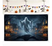 Ghost Backdrop, Spooky Eerie Pumpkins Street Halloween Black Decorations Backdrops for Photo Booth Party Gathering Event Background 71x43 Inch