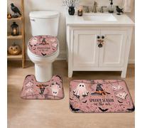 Ghost Bathroom Rugs Sets 3 Piece, Fanciful Playful Witch Hat Bikini Halloween Peach Non Slip Washable Contour Bath Rugs for Toilet for Powder Room Vanity Sink Decor