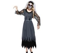 Ghost Bride Costume Halloween Zombie Women Corpse Graveyard Gothic Derss Dead Horor Wedding Dress and Rose Legends Veil Headband Sticker Paint Tray Party (M)