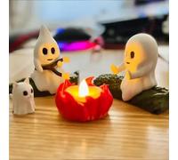 Ghost Campfire Gathering, Ghost Campfire Nightlight, Halloween Nightlight, Cute Cozy Spooky Statue Halloween Decorations for Home Mantel or Desk (with cat)