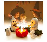 Ghost Campfire Gathering, Ghost Campfire Nightlight, Halloween Nightlight, Cute Cozy Spooky Statue Halloween Decorations for Home Mantel or Desk (with Cat and Dog)