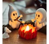 Ghost Campfire Gathering, Ghost Campfire Nightlight, Halloween Nightlight, Cute Cozy Spooky Statue Halloween Decorations for Home Mantel or Desk (with Dog)
