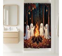 Ghost Campfire Shower Curtain, Autumn Halloween Decor with Cute White Ghosts and Colorful Leaves, Fun Forest Style Waterproof Fabric Shower Curtain with Hooks 36x72 Inch