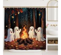 Ghost Campfire Shower Curtain, Autumn Halloween Decor with Cute White Ghosts and Colorful Leaves, Fun Forest Style Waterproof Fabric Shower Curtain with Hooks 72x84 Inch