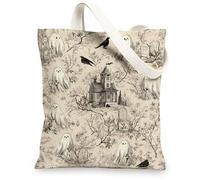 Ghost Canvas Bags, Haunted Pattern Reusable Shopping Bags, Gothic Style, Spooky, Lightweight, Washable, beige, 13x15 Inch