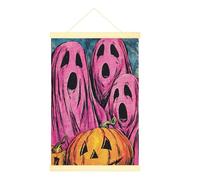 Ghost Canvas Hanging Poster Wall Art, Halloween Spooky Pumpkin Screams Halloween Peach Poster Hanging with Frame Home Bedroom Living Room Decor 20x28 Inches