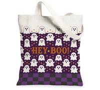 Ghost Canvas Tote Bag, Festive Playful Stars Checkered Halloween Violet Aesthetic Tote Bag 13x15 Inch, Purple, 13x15 Inch