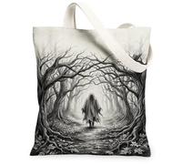 Ghost Canvas Tote Bag, Gothic Dark Trees Path Halloween Black Shopping Bag 13x15 Inch, Black, 13x15 Inch