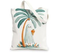 Ghost Canvas Tote Bags, Cute Cartoon Character Design Eco-Friendly Reusable Shopping Bags, Fun Tropical Print Lightweight W, White, 13x15 Inch