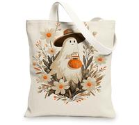 Ghost Canvas Tote Bags, Cute Ghost Design Reusable Grocery Bags, Vintage Floral Lightweight Washable Shoulder Strap Canvas Bags for Gym Outdoor Travel Beach Picnic 13x15 Inch