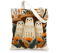 Ghost Canvas Tote Bags, Cute Halloween Character Pattern Reusable Shopping Bags, Fun Vintage Floral Lightweight Washable Sh, Orange, 13x15 Inch