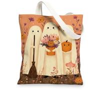 Ghost Canvas Tote Bags, Cute Halloween Pattern Reusable Shopping Bags, Fanciful Floral Lightweight Washable Shoulder Strap, Orange, 13x15 Inch