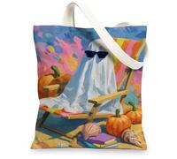 Ghost Canvas Tote Bags, Fun Halloween Pumpkin Pattern Reusable Grocery Bags, Colorful Artistic Lightweight Washable Shoulde, Colorful, 13x15 Inch
