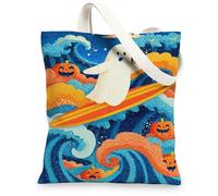 Ghost Canvas Tote Bags, Spooky Pumpkin Pattern Reusable Grocery Bags, Colorful Fun Lightweight Washable Shoulder Strap for, Blue, 13x15 Inch