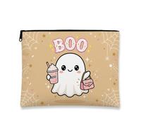 Ghost Canvas with Zipper, Cute Playful Milk Handbag Halloween Beige Canvas with Zipper Makeup Bag for Purse for Travel, Vanity, Bathroom, Purse Storage and Daily Use, Beige, 7x9 Inch, Cute