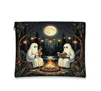 Ghost Canvas with Zipper, Fanciful Cozy Campfire Moon Halloween Black Canvas with Zipper Travel Makeup Bag for Travel, Vanity, Bathroom, Purse Storage and Daily Use, Black, 7x9 Inch, Whimsical