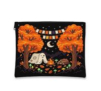 Ghost Canvas with Zipper, Fanciful Cozy Trees Campfire Fall Orange Canvas with Zipper Makeup Bags for Women for Travel, Bathroom, Vanity, Purse Storage and Gifts, Orange, 7x9 Inch, Whimsical