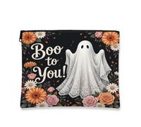 Ghost Canvas with Zipper, Fanciful Festive Sunflower Rose Halloween Black Canvas with Zipper Cosmetic Travel Bag for Travel, Bathroom, Vanity, Purse Storage and Gifts, Black, 7x9 Inch, Whimsical