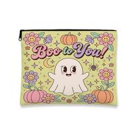 Ghost Canvas with Zipper, Fanciful Playful Pumpkins Flower Halloween Pastel Green Portable with Zipper Mini Makeup Bag for Travel, Bathroom, Vanity Organizer and Purse Storage, Pastel Green, 7x9 Inch