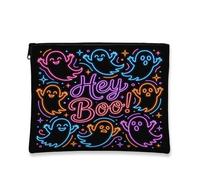 Ghost Canvas with Zipper, Fanciful Playful Stars Hey Boo! Halloween Black Portable with Zipper Mini Makeup Bag for Travel, Vanity, Bathroom, Purse Storage and Daily Use, Black, 7x9 Inch, Whimsical