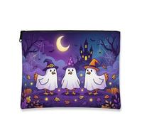 Ghost Canvas with Zipper, Fanciful Playful Witch Hat Crescent Moon Halloween Violet Canvas with Zipper Cosmetic Pouch for Travel, Bathroom, Vanity, Purse Storage and Gifts, Purple, 7x9 Inch, Whimsical