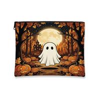 Ghost Canvas with Zipper, Fanciful Spooky Pumpkins Moon Halloween Orange Canvas with Zipper Cosmetic Travel Bag for Travel, Bathroom, Vanity Organizer and Purse Storage, Orange, 7x9 Inch, Whimsical