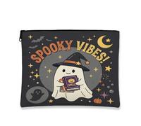 Ghost Canvas with Zipper, Playful Fanciful Spellbook Pumpkins Halloween Black Canvas with Zipper Mini Makeup Bag for Travel, Vanity, Bathroom, Purse Storage and Daily Use, Black, 7x9 Inch, Playful